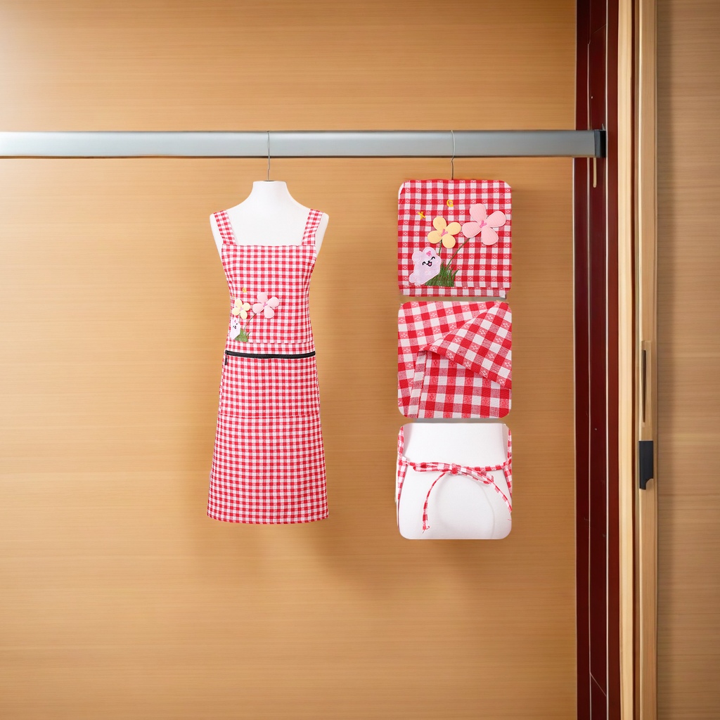 新款女士厨房家居用围裙 刺绣大口袋设计 防油污格子拉链肩带围腰款 其他分类适用