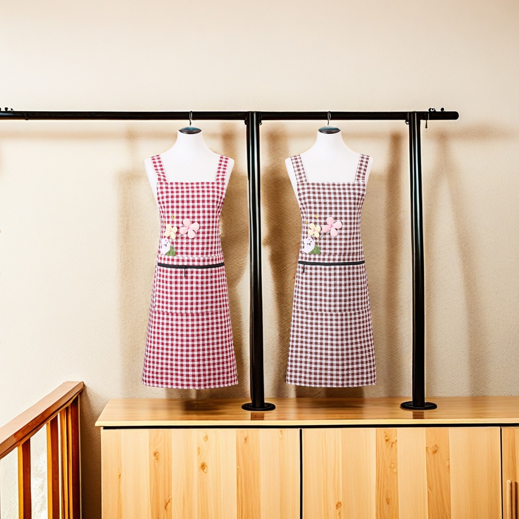 New women's kitchen and home apron with embroidered large pockets, oil-proof checkered zipper, shoulder strap and waistband, suitable for other categories Specification image