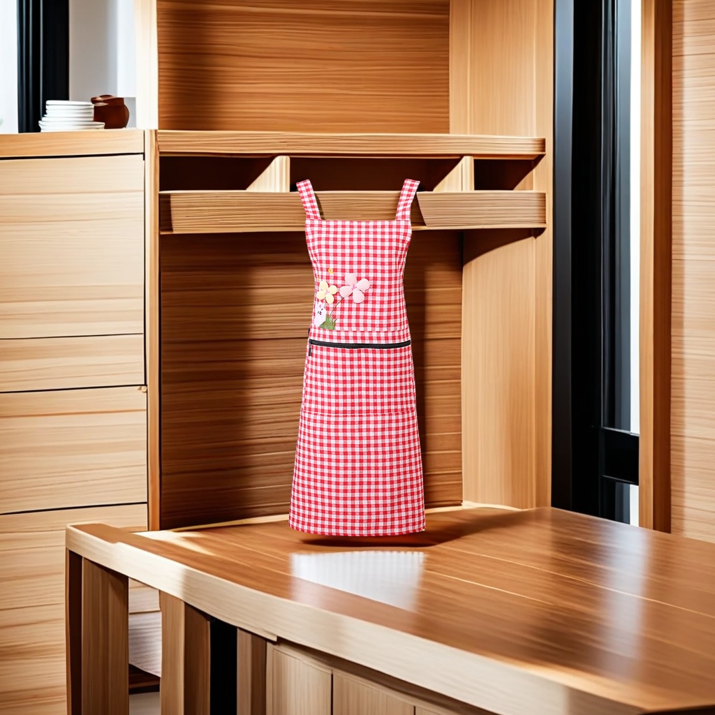 New women's kitchen and home apron with embroidered large pockets, oil-proof checkered zipper, shoulder strap and waistband, suitable for other categories Item Picture