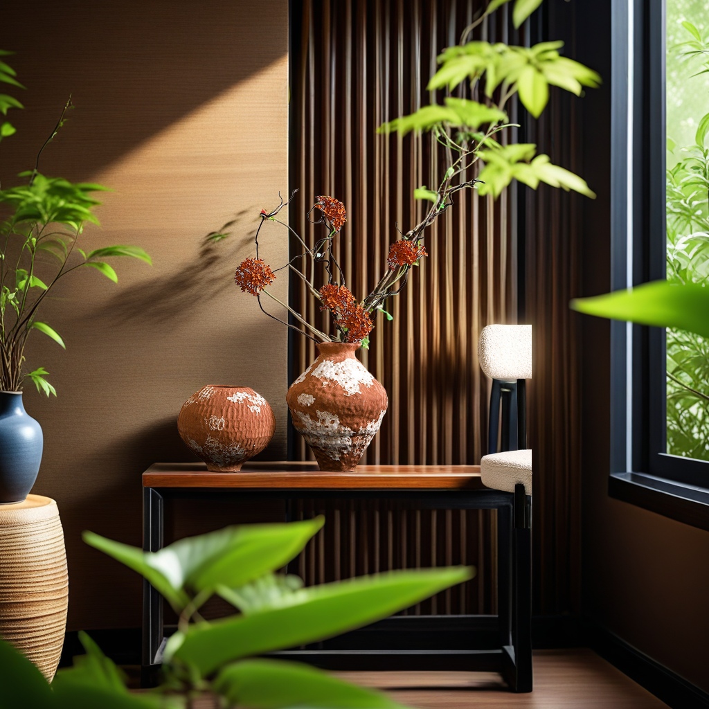 Wabi-sabi elegance, rough pottery, retro ceramic countertop, vases, flower arrangements, modern art ornaments, homestay space decoration, flower POTS, ceiling lamps, lighting decorations, home life aesthetics details Picture