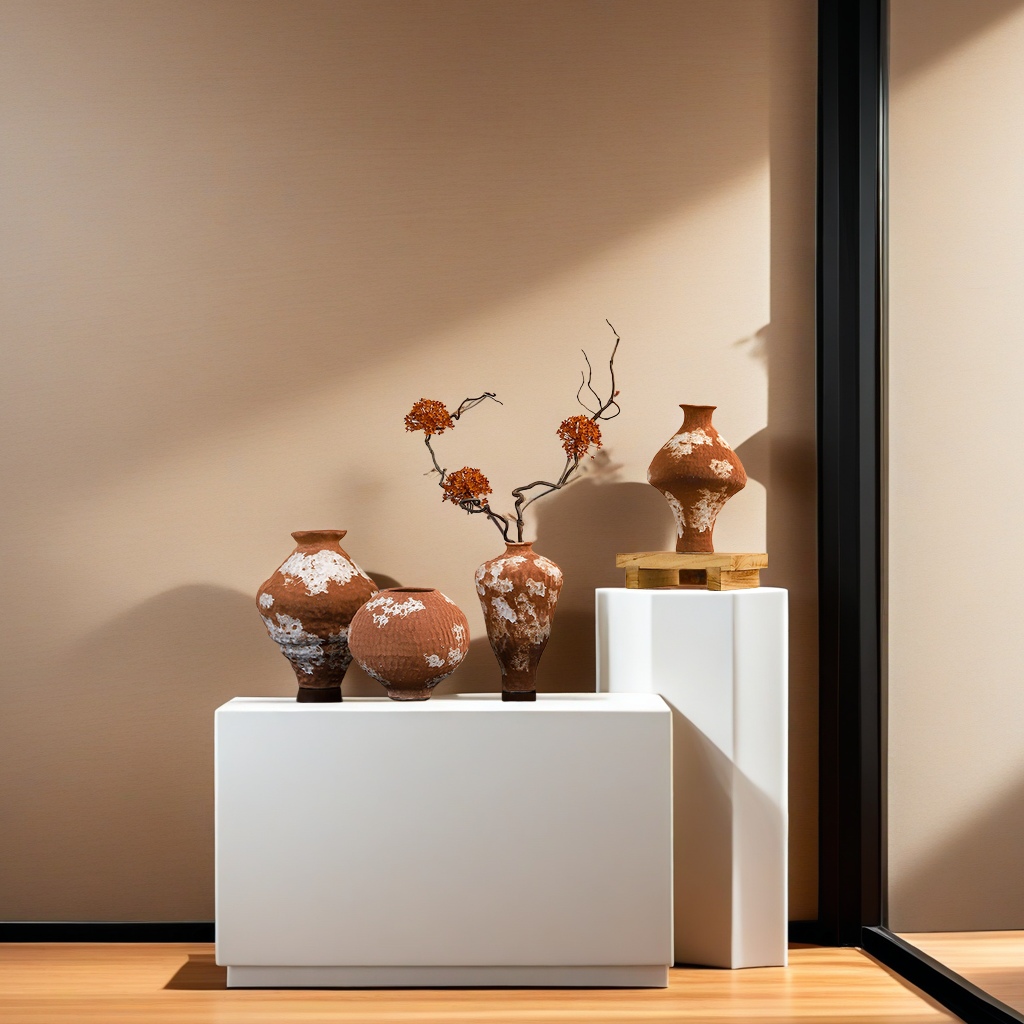 Wabi-sabi elegance, rough pottery, retro ceramic countertop, vases, flower arrangements, modern art ornaments, homestay space decoration, flower POTS, ceiling lamps, lighting decorations, home life aesthetics Application Scenario