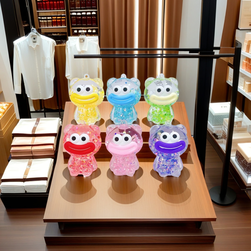 大嘴巴熊造型流沙瓶钥匙扣 时尚潮流便携装饰品 闪亮粉色流动沙粒