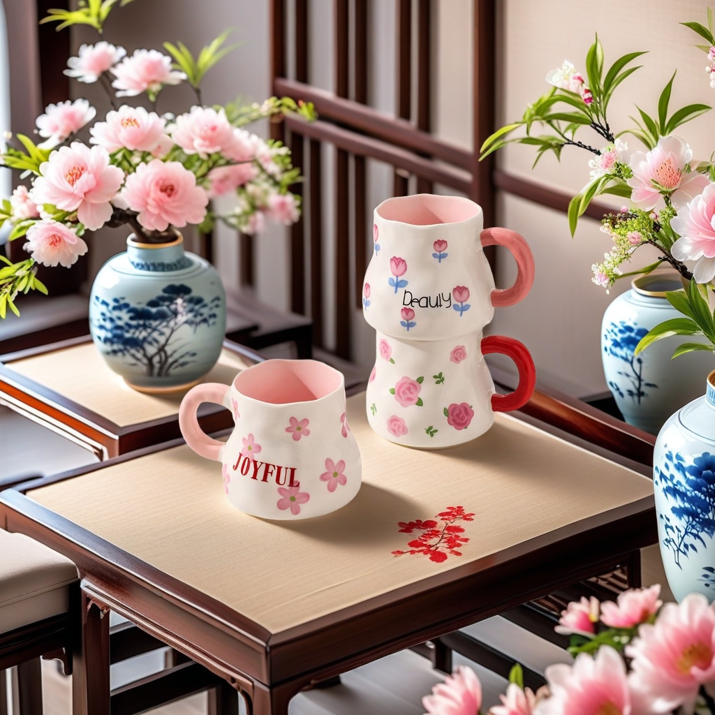New style mugs, high-end court cups, exquisite flower cups, ceramic cups, souvenir cups, tea cups, new flower cups, cups shaped like flowers details Picture