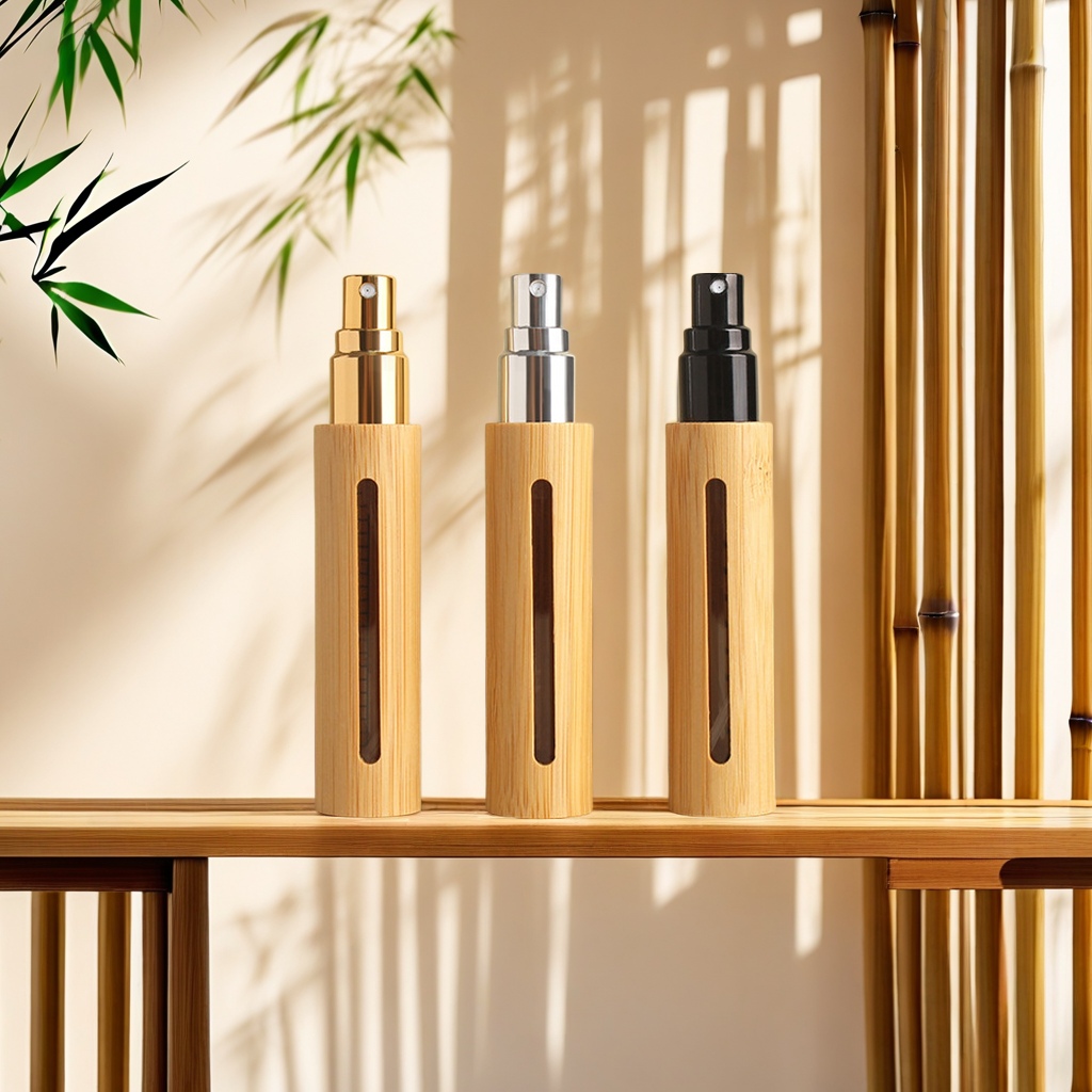 All-inclusive bamboo and wood windowed 10ml bamboo perfume sub-bottles, fine mist glass spray bottles, empty bottles in stock, essential oil sample sub-bottles, green, environmentally friendly and portable full figure