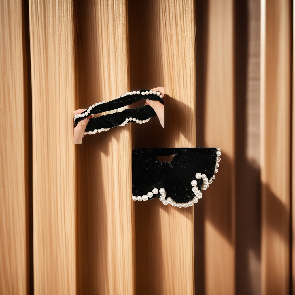 French elegant pearl large intestine hair band, high-end velvet small chanel-style hair tie, versatile style, hair tie, hair accessory, hair clip, ladies' preferred choice details Picture