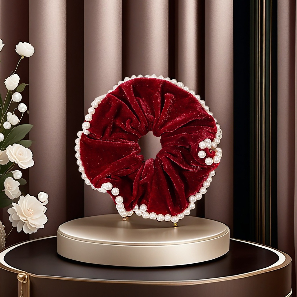 French elegant pearl large intestine hair band, high-end velvet small chanel-style hair tie, versatile style, hair tie, hair accessory, hair clip, ladies' preferred choice Item Picture