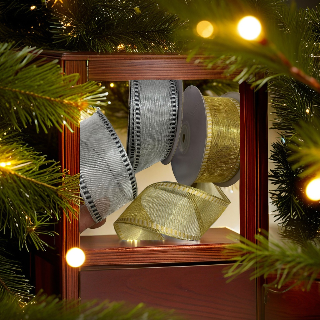 香槟色金银圣诞树装饰织带 铁丝边礼品袋包装丝带 圣诞节点缀装饰带