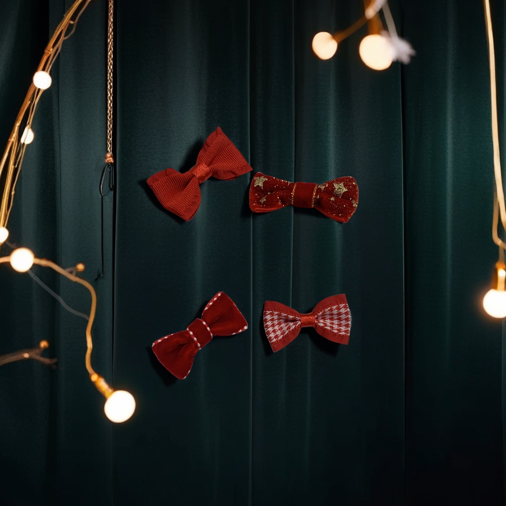 新春款儿童春节喜庆千鸟格天鹅绒织带蝴蝶结毛绒发夹头绳配饰 精美耐用时尚可爱