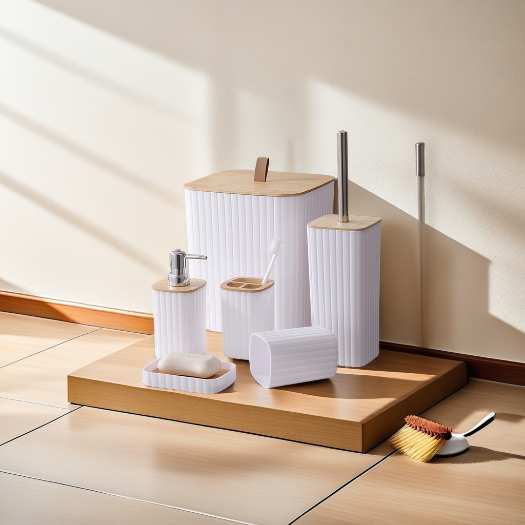 北欧风马桶刷套装新品民宿新房卫生间收纳用品 酒店用乳液瓶竹制垃圾桶卫浴套件