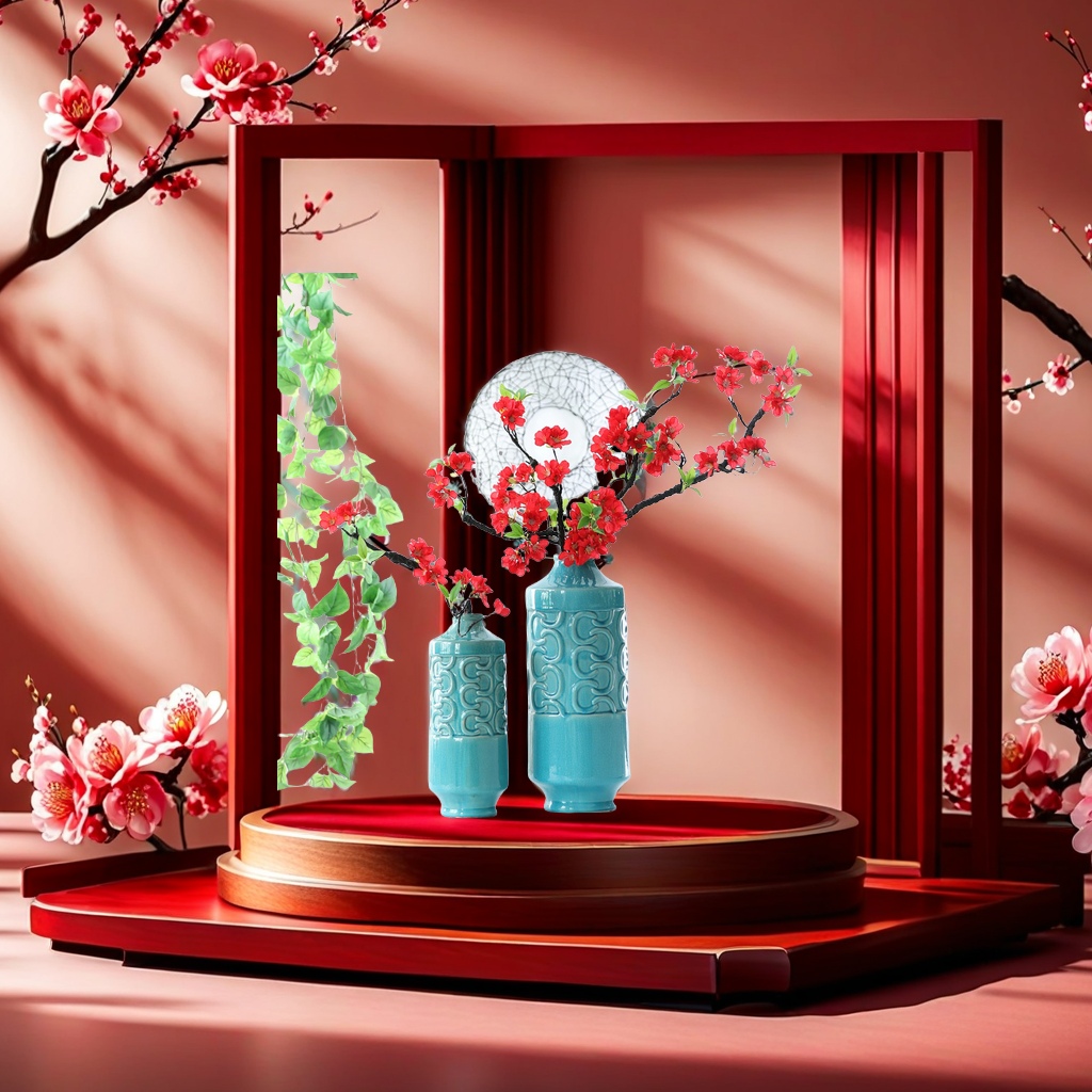 Red plum blossoms, artificial flowers, large foam branches, cherry blossoms, silk flowers, soft furnishings, home decoration, scene arrangement, artificial plants, ecological beautification of space Specification image