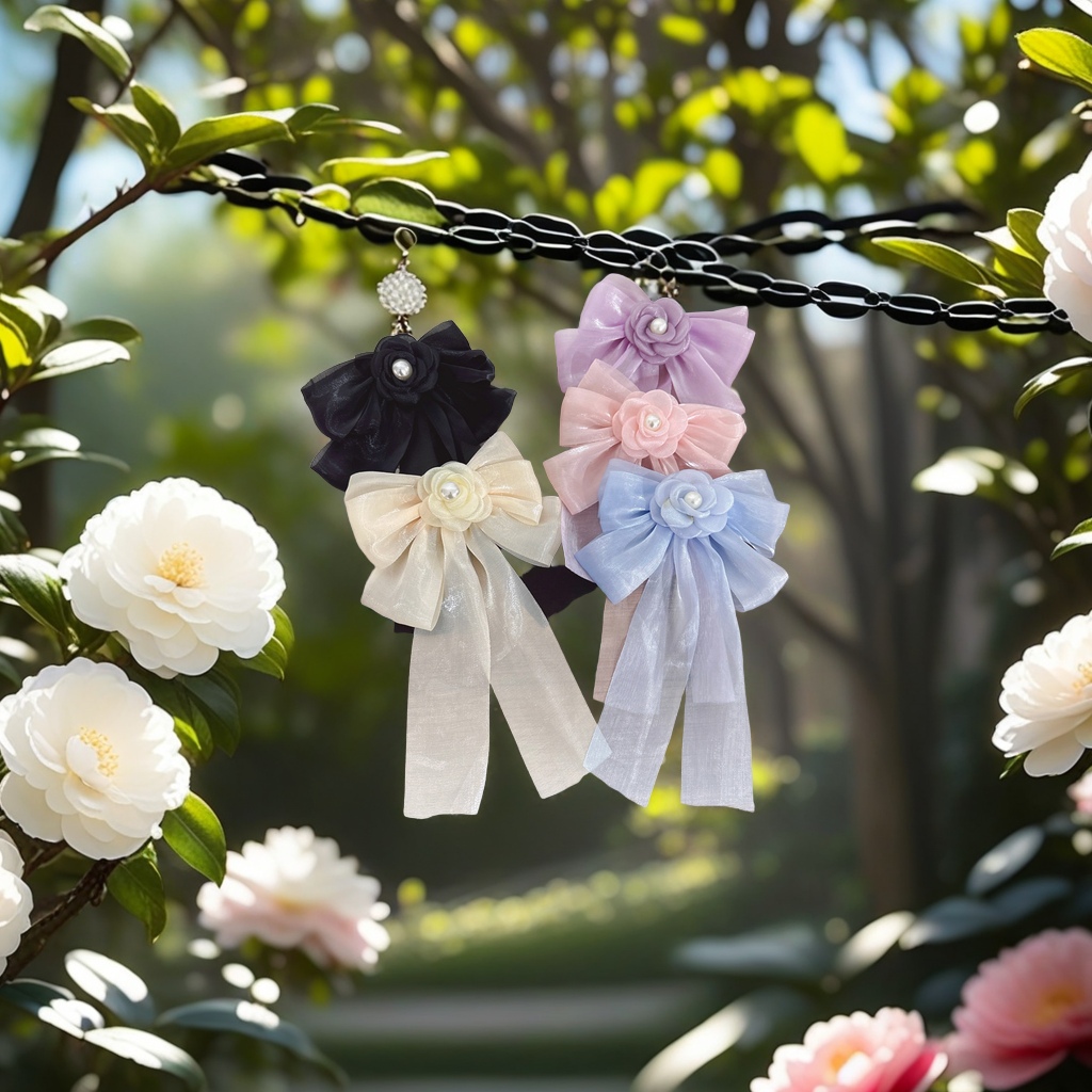 法式雪纺珍珠山茶花蝴蝶结发夹 珠光缎面甜美仙气弹簧夹不伤发头饰 手腕花装饰精致女士礼物