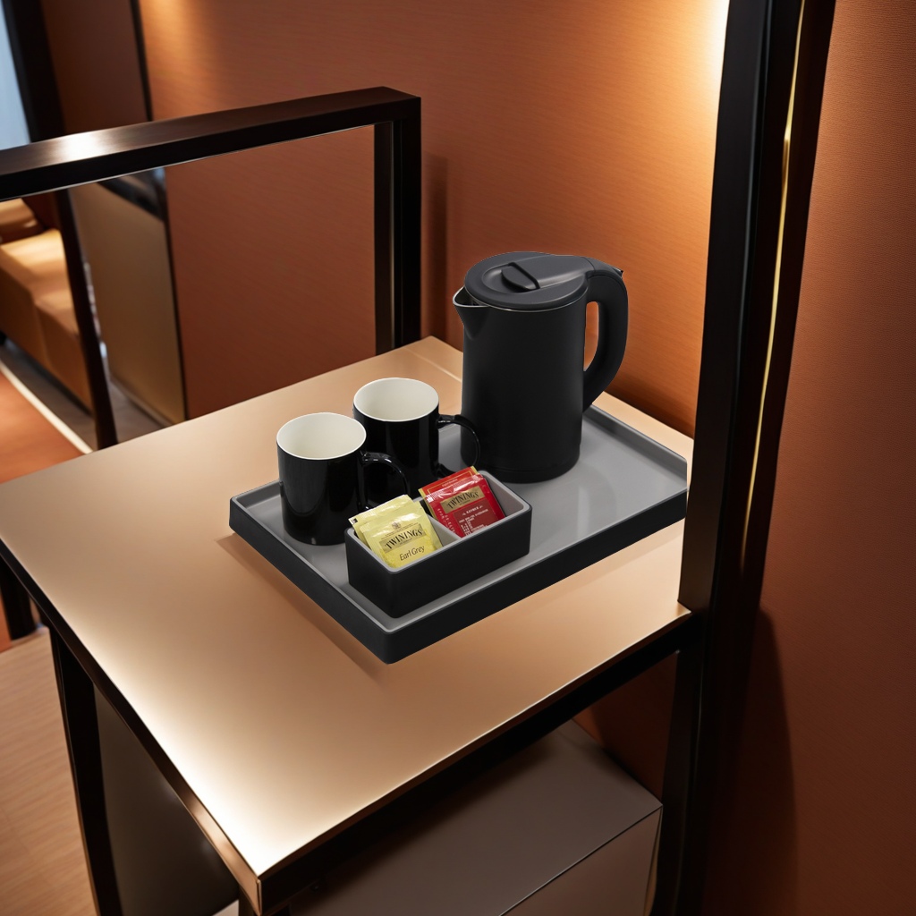 Honeyson恒迅新款双色托盘酒店批发客房电热水壶小型套装 保温杯 简约设计耐热高品质