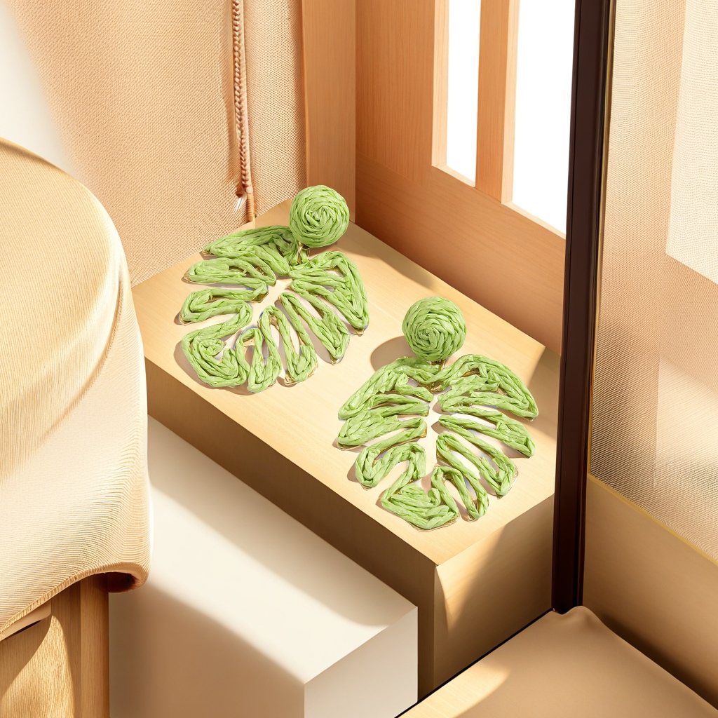 手工拉菲草编制波西米亚风几何叶子耳环 跨境耳饰 海边度假风批发耳坠轻奢设计