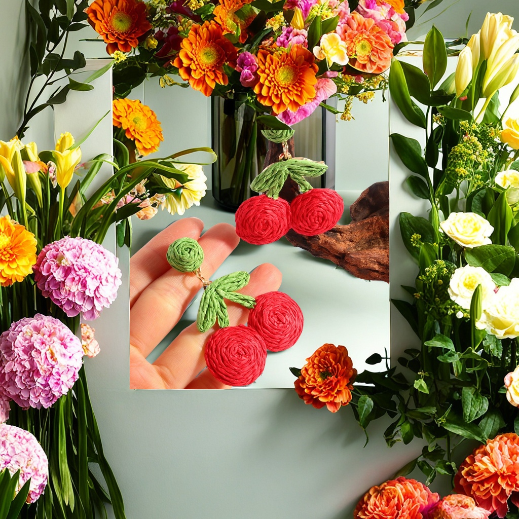 2025春季新款女饰 波西米亚风格手工编织拉菲草樱桃耳钉 休闲度假风情耳环