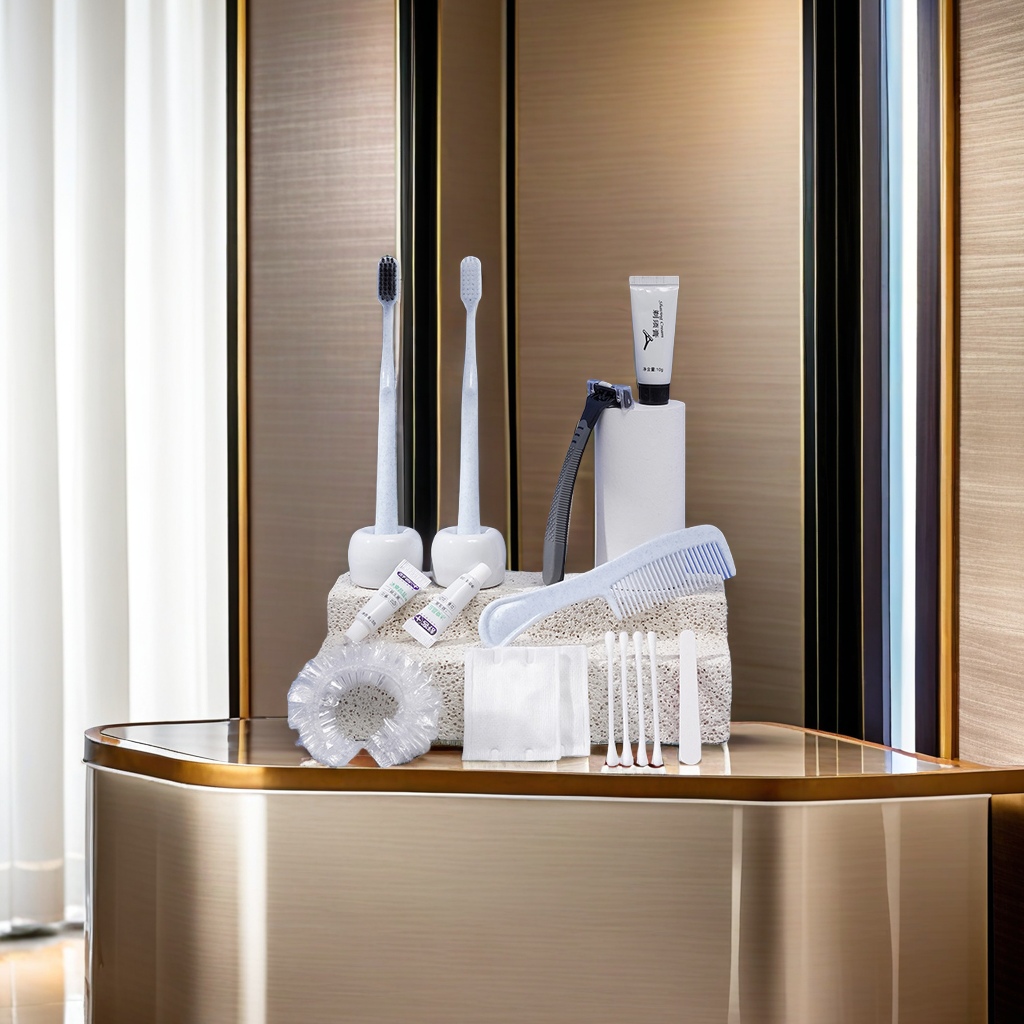 Shantou high-end hotel disposable toiletries set, orchid stone paper bag toothbrush comb, hotel room current supplies Disposable hotel supplies set, complete set clean and convenient details Picture