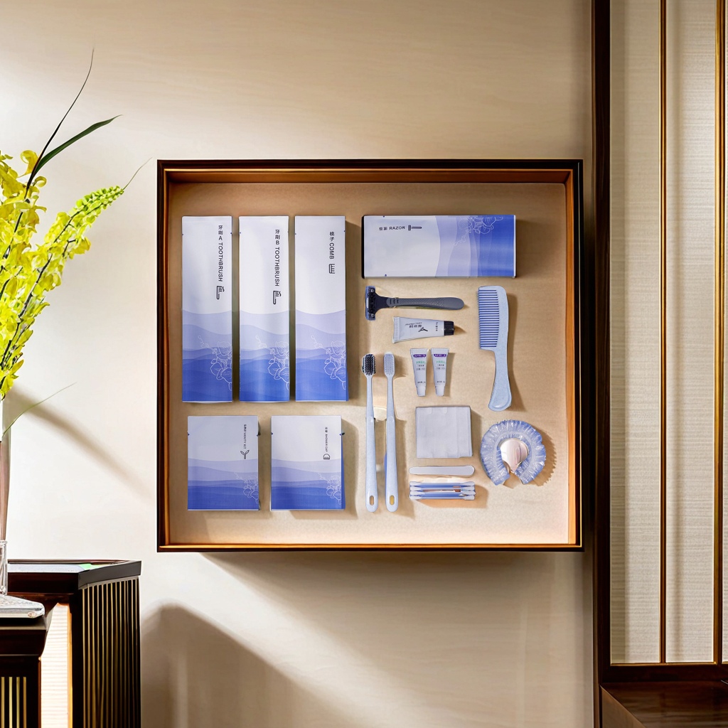 Shantou high-end hotel disposable toiletries set, orchid stone paper bag toothbrush comb, hotel room current supplies Disposable hotel supplies set, complete set clean and convenient Specification image