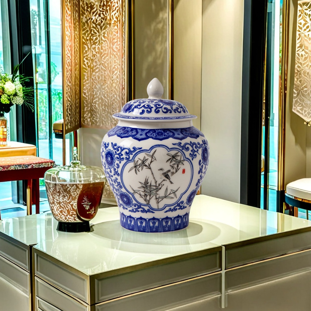 Classical style ceramic blue and white porcelain tea canister, sealed storage canister, tea preservation canister, tea set storage canister, home decoration details Picture