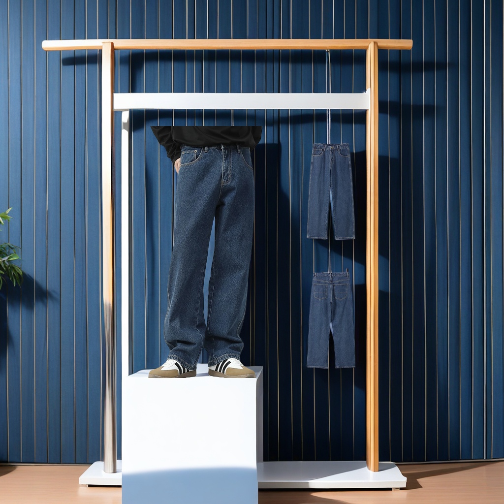 The new men's autumn and winter collection features deep blue Korean-style washed jeans. The mid-leg loose wide-leg long pants are suitable for sporty and casual men's wear