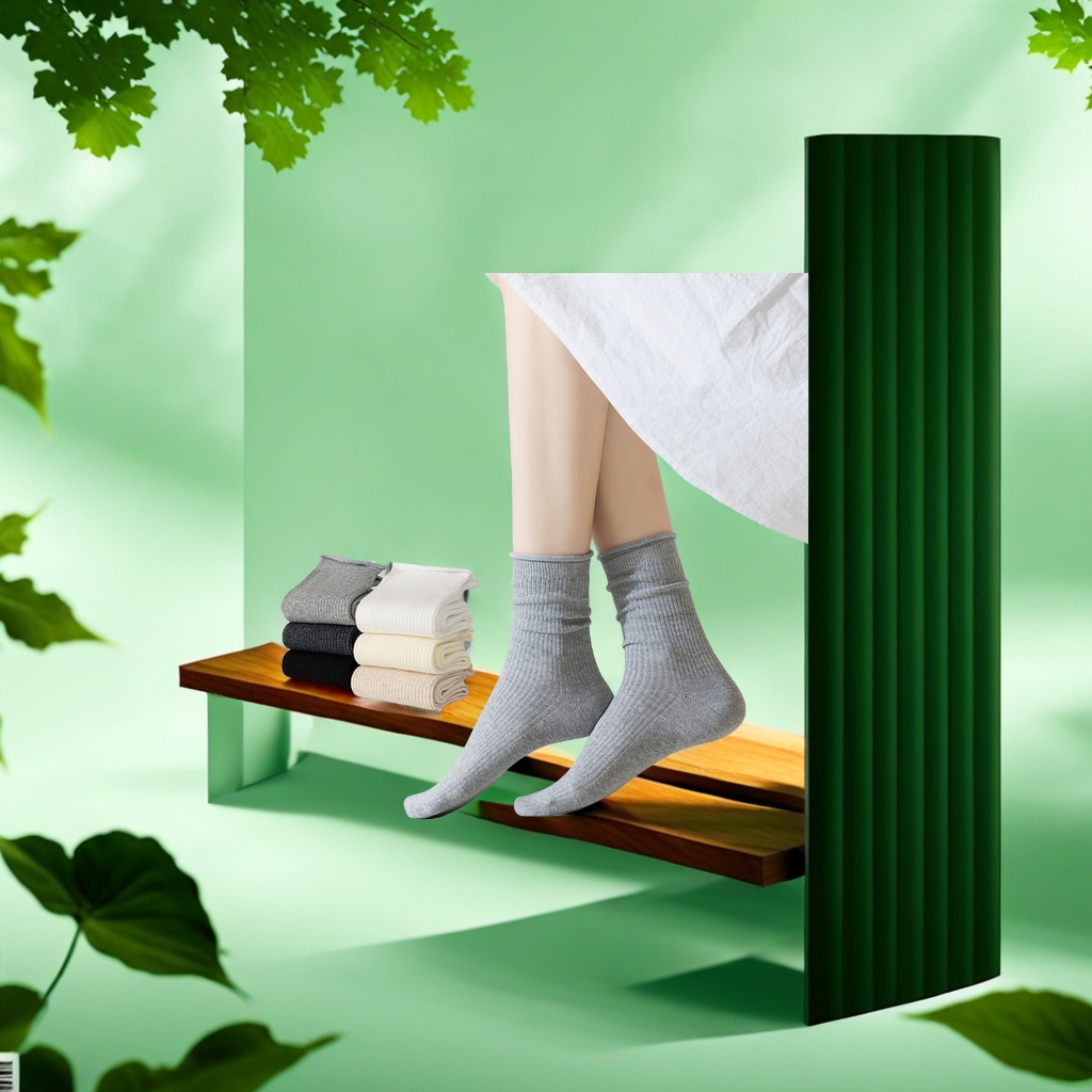 Wholesale of 2025 new Spring and summer women's mid-calf cotton socks, breathable and sweat-absorbent solid color rolled double-stitch pile socks for sports and casual wear
