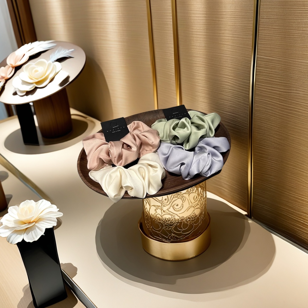 The elegant and refined Dongdaemun from South Korea features a cream-textured satin large headband, a simple and versatile hair tie, hair accessories, and a fashionable and trendy scarf for women Specification drawing