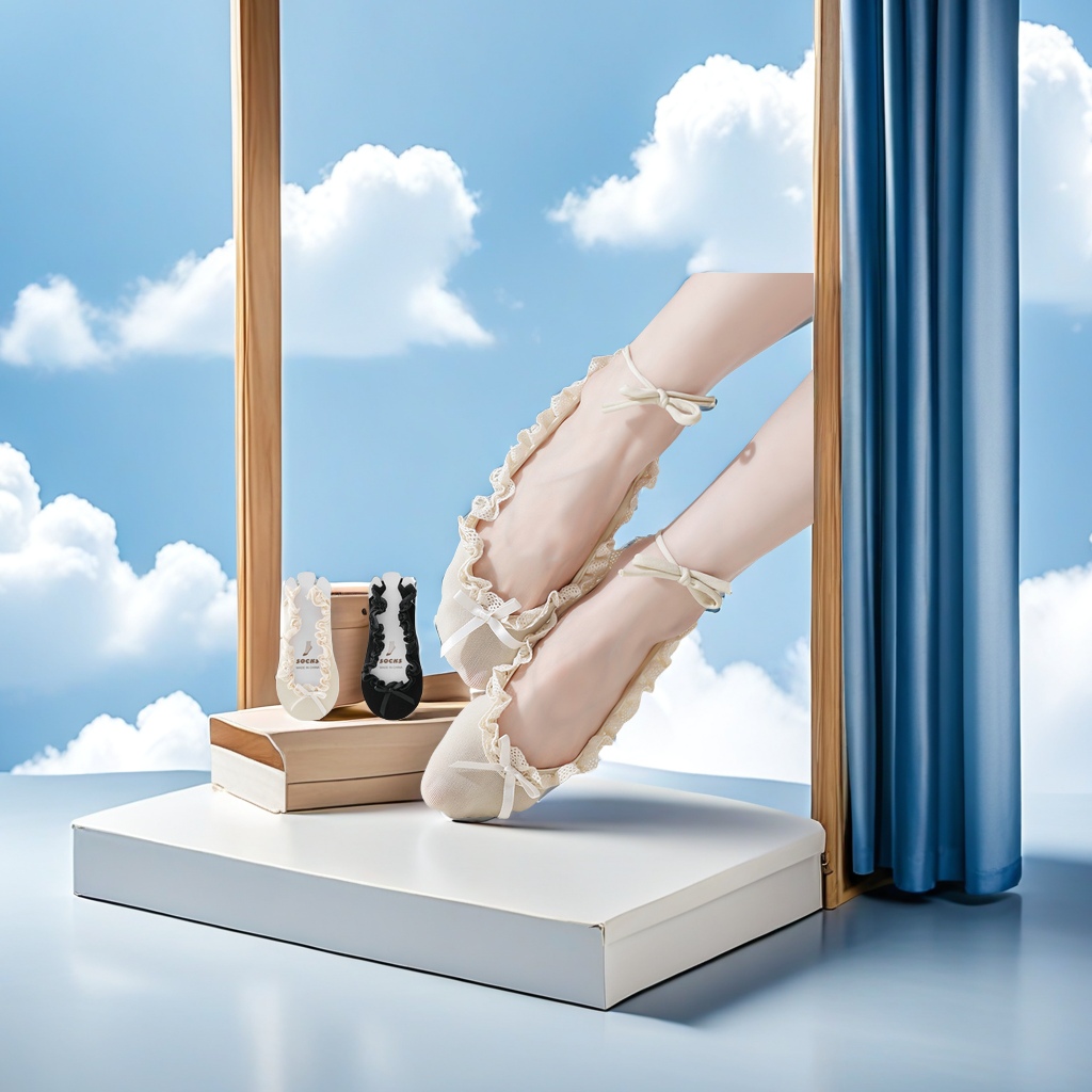 夏季新款女士芭蕾舞风薄款船袜 隐形袜 蝴蝶结花边蕾丝短袜 搭配小皮鞋透气舒适夏天必备