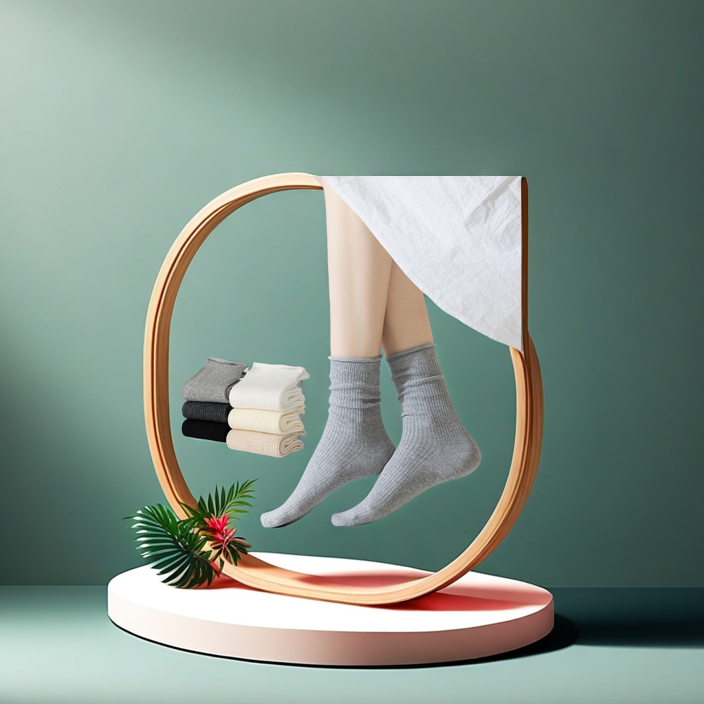 2025新款春夏季女士中筒棉袜 透气吸汗纯色卷边双针堆堆袜 运动休闲款 批发热销