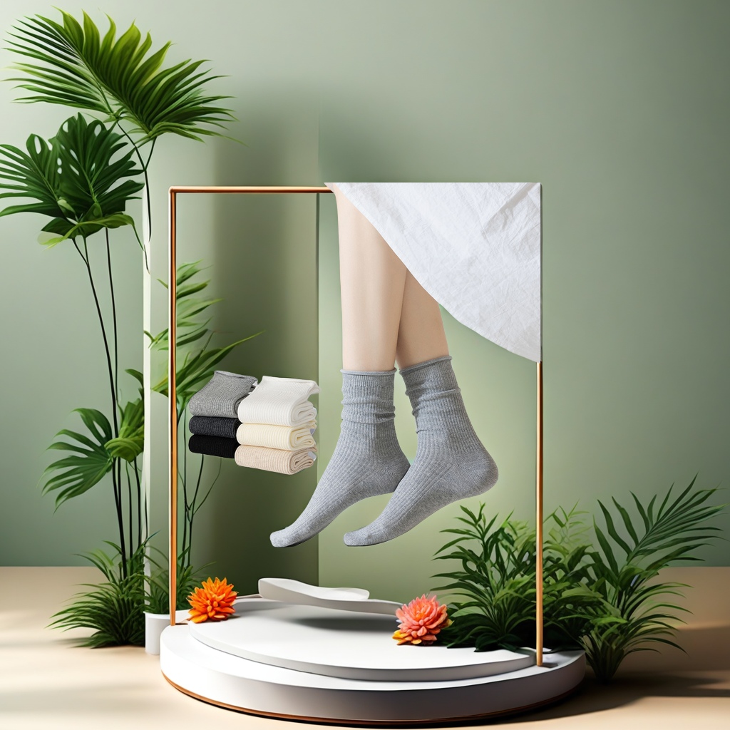 2025新款春夏季女士中筒袜 纯色卷边双针堆堆袜 运动休闲棉袜 透气吸汗 批发女士棉袜