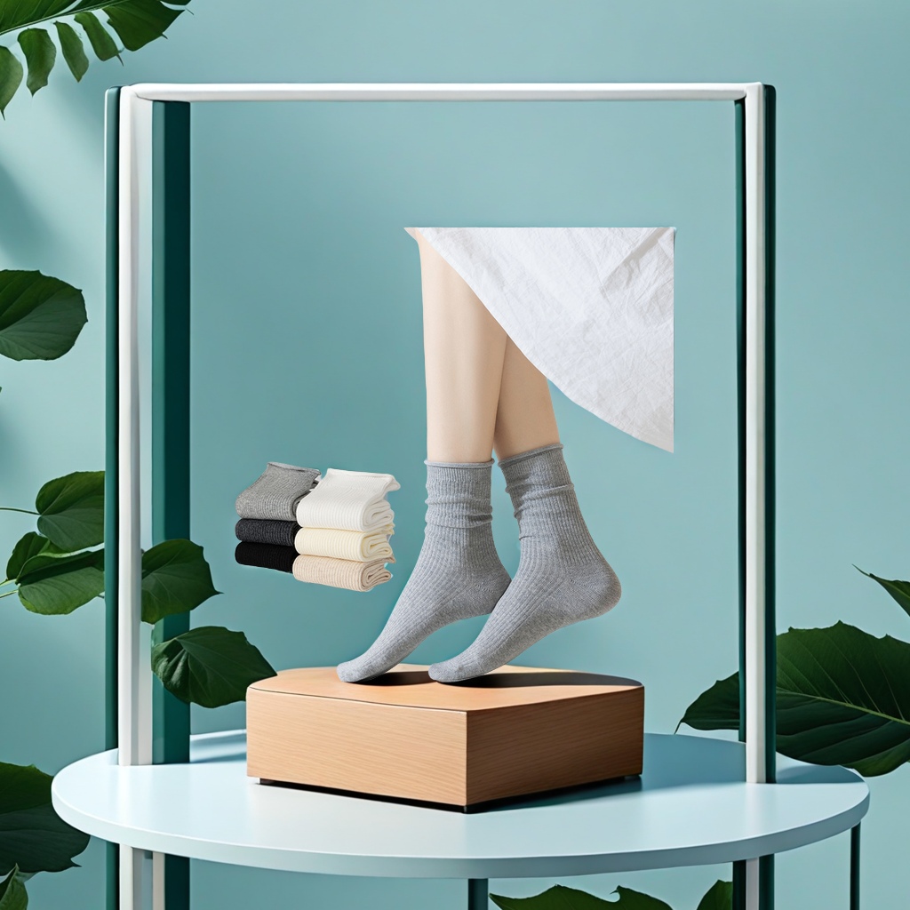 2025新款春夏季女士中筒棉袜 透气吸汗纯色卷边双针堆堆袜 运动休闲款批发
