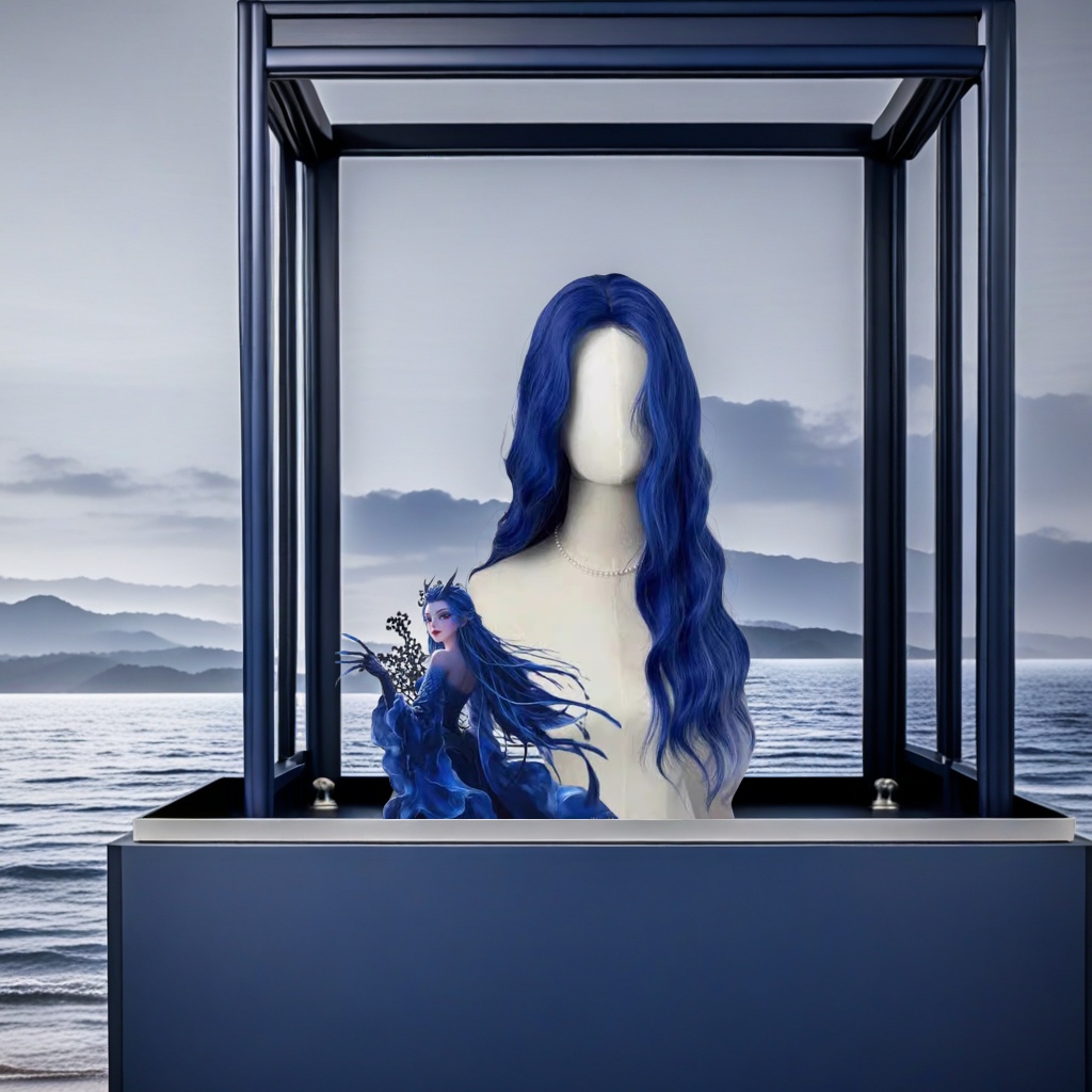 Ao Run's dark blue long curly hair full head wig, super long hair Magic child playing in the sea cosplay special forehead lace mid-split design, suitable for other categories