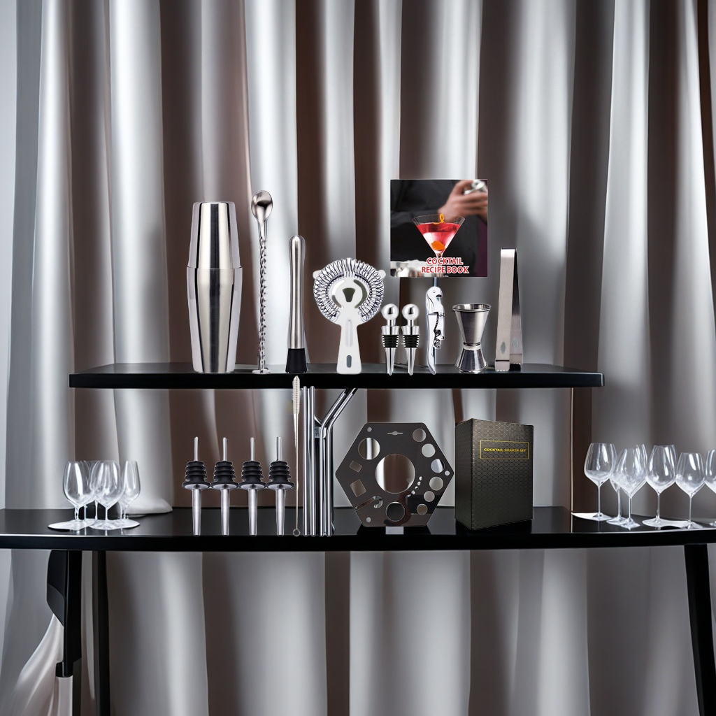 New 19-piece stainless steel cocktail shaker set, cocktail special set, rotating hexagonal acrylic stand, essential bar wine set, high-end wine set Specification image