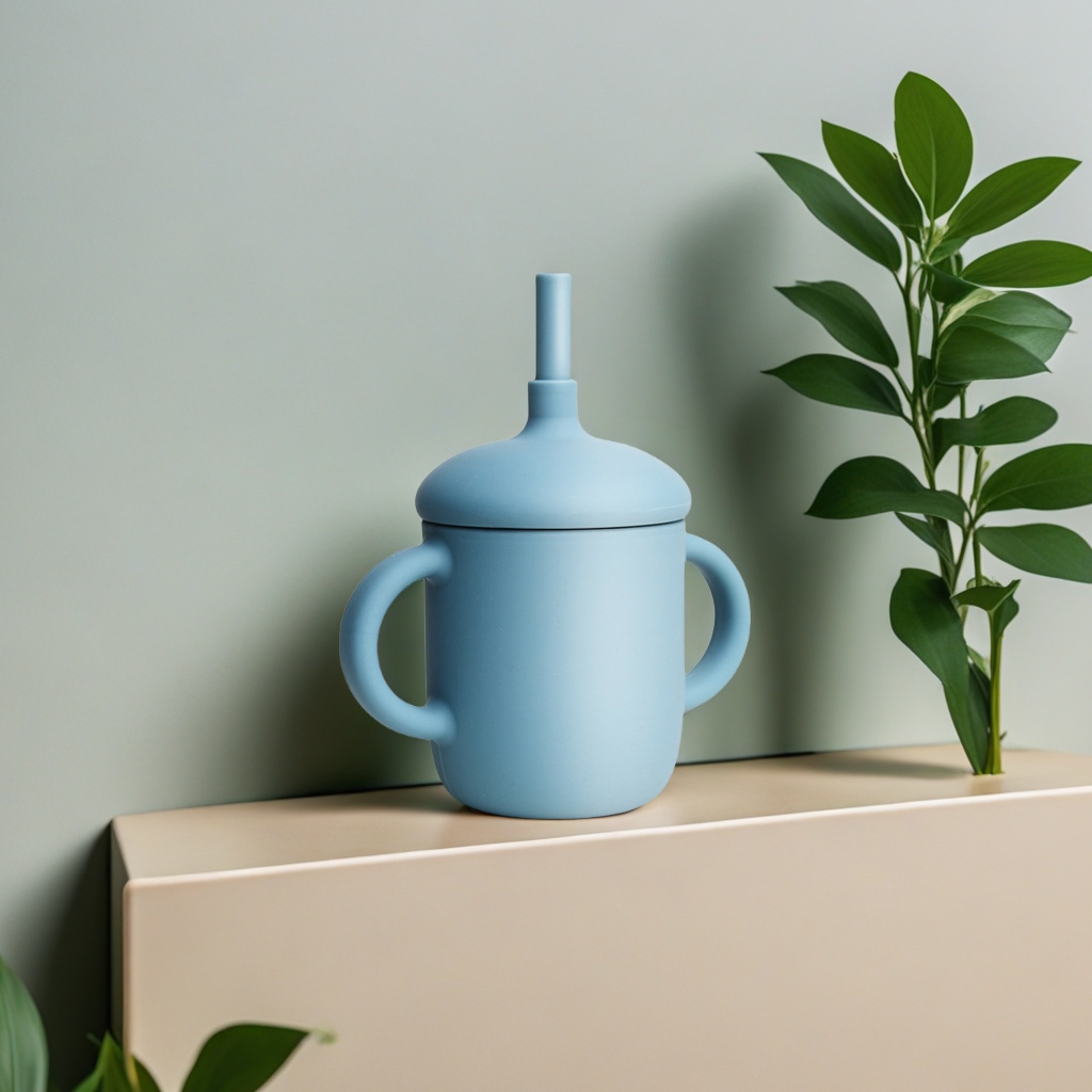 儿童硅胶吸管水杯 防漏蘑菇形状设计 婴儿训练学饮杯 喂养餐具 安全无毒材质详情图1