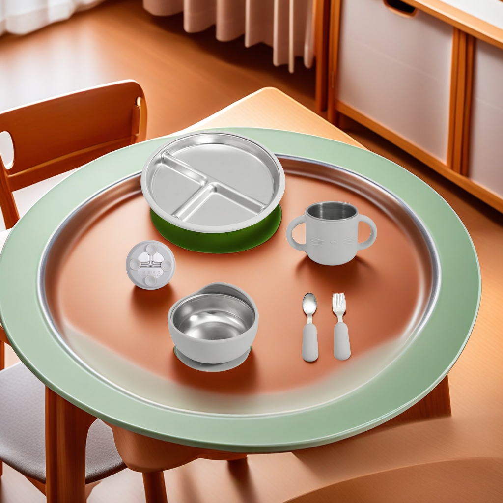 Cross-border silicone-wrapped stainless steel children's compartments plate, three-compartment anti-drop compartments plate, baby food feeding tableware, safe, healthy and easy to clean