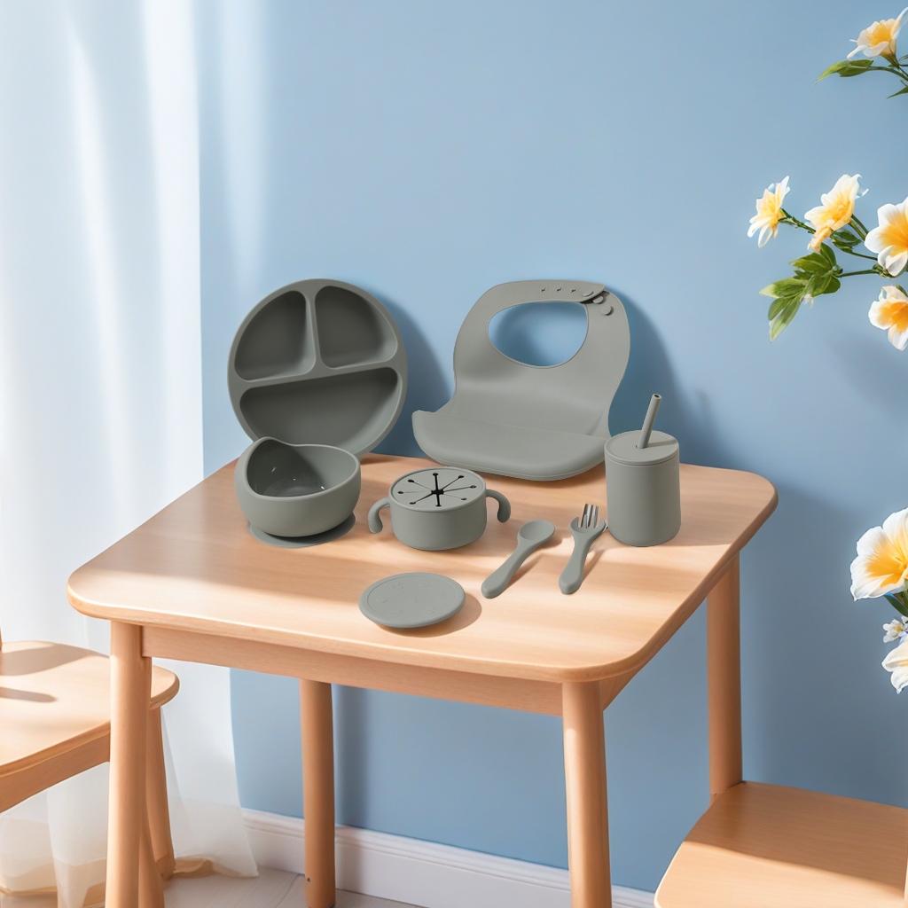 跨境爆款儿童硅胶餐盘套装 婴儿喂养辅食吸盘碗 围兜学饮杯 喂养餐具 安全无毒易清洗详情图1