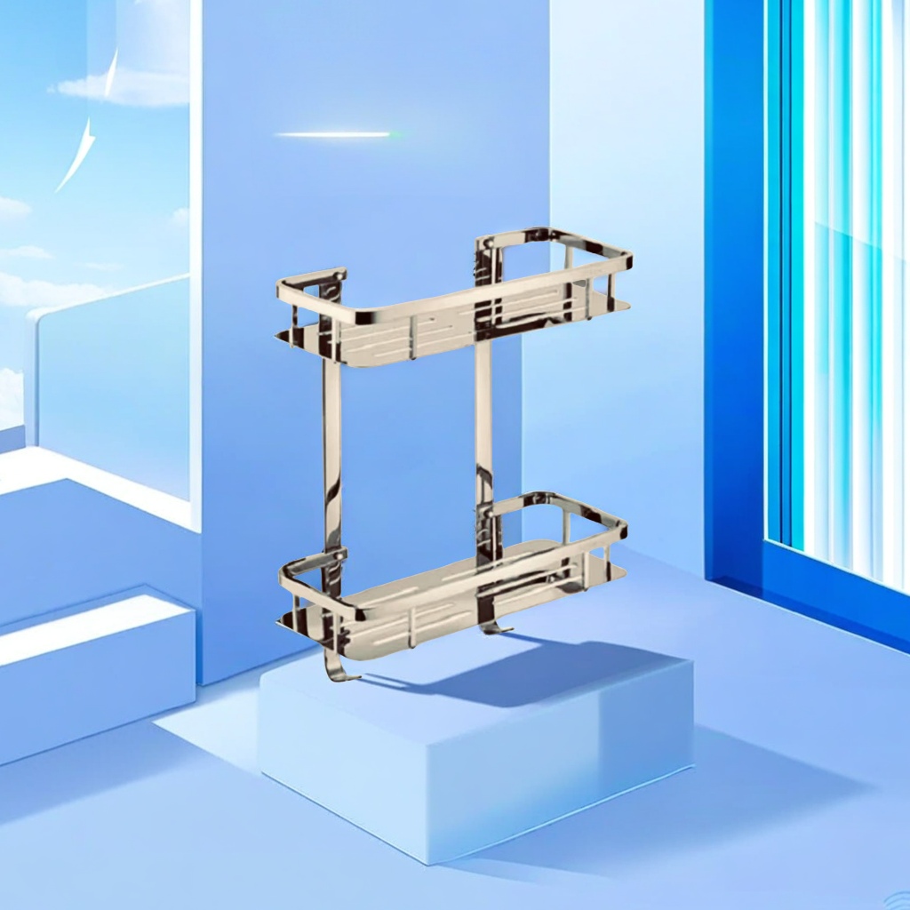 不锈钢双层方形置物架 浴室挂件 储物整理架 厨房卫生间壁挂收纳架 空间利用率高