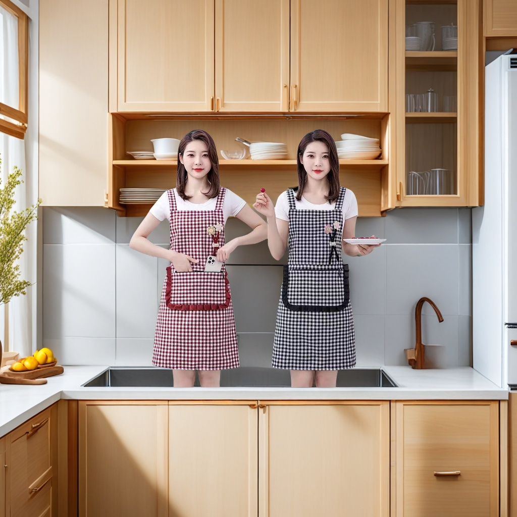 韩版女士时尚加厚棉布透气家务围裙 厨房做饭工作服无袖格子背带围腰配袖套 家用防油围裙