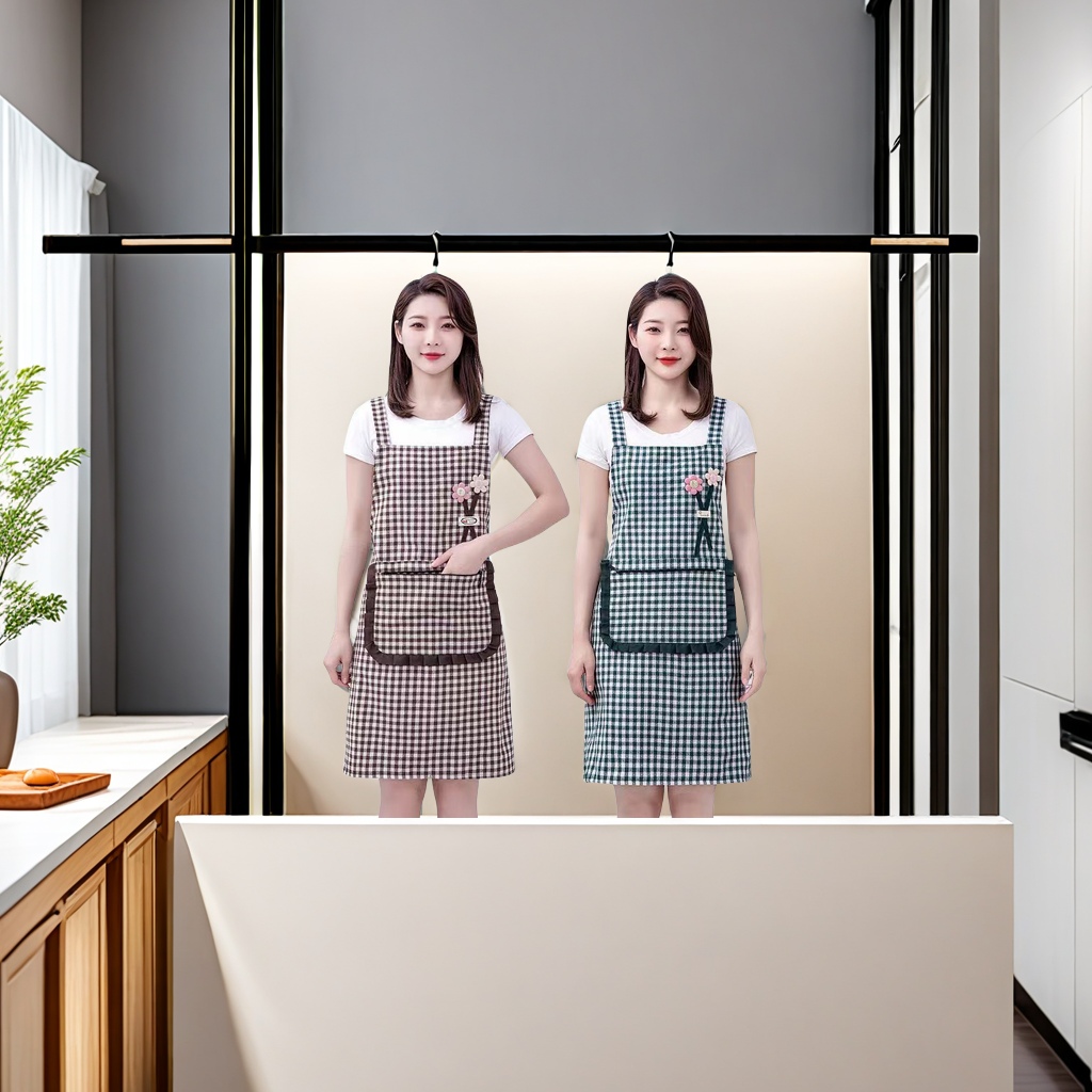 Korean-style women's fashion thickened cotton breathable household apron, kitchen cooking work clothes, sleeveless checked shoulder straps, waistband with sleeve covers, home oil-resistant apron details Picture