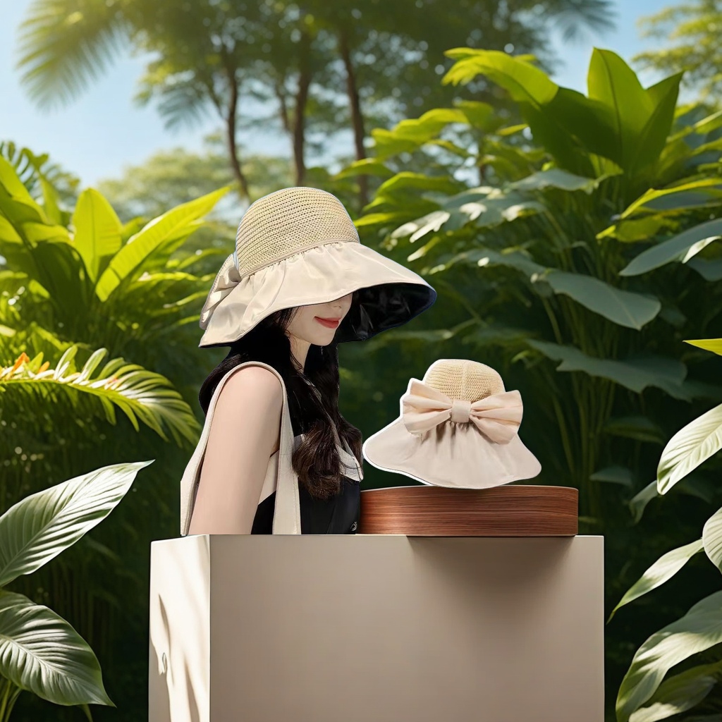 成人款可折叠黑胶渔夫帽 遮脸防晒大檐帽子 防紫外线太阳帽 女士蝴蝶结装饰遮阳帽