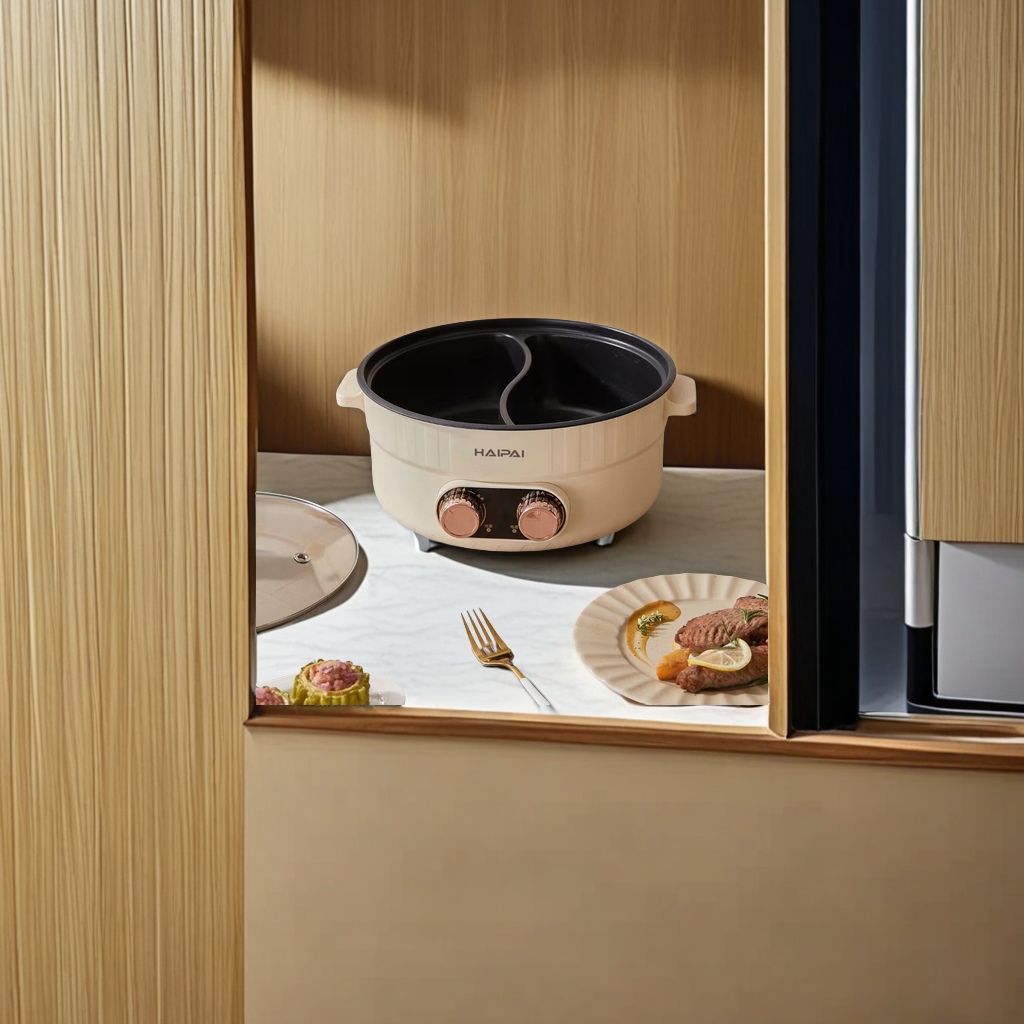 Haipai 5-liter yin-yang integrated electric hot pot, household steaming and boiling electric stir-frying pot, multi-functional cooking pot, double-combination electric cooking pot, a new delicious cooking experience Specification image