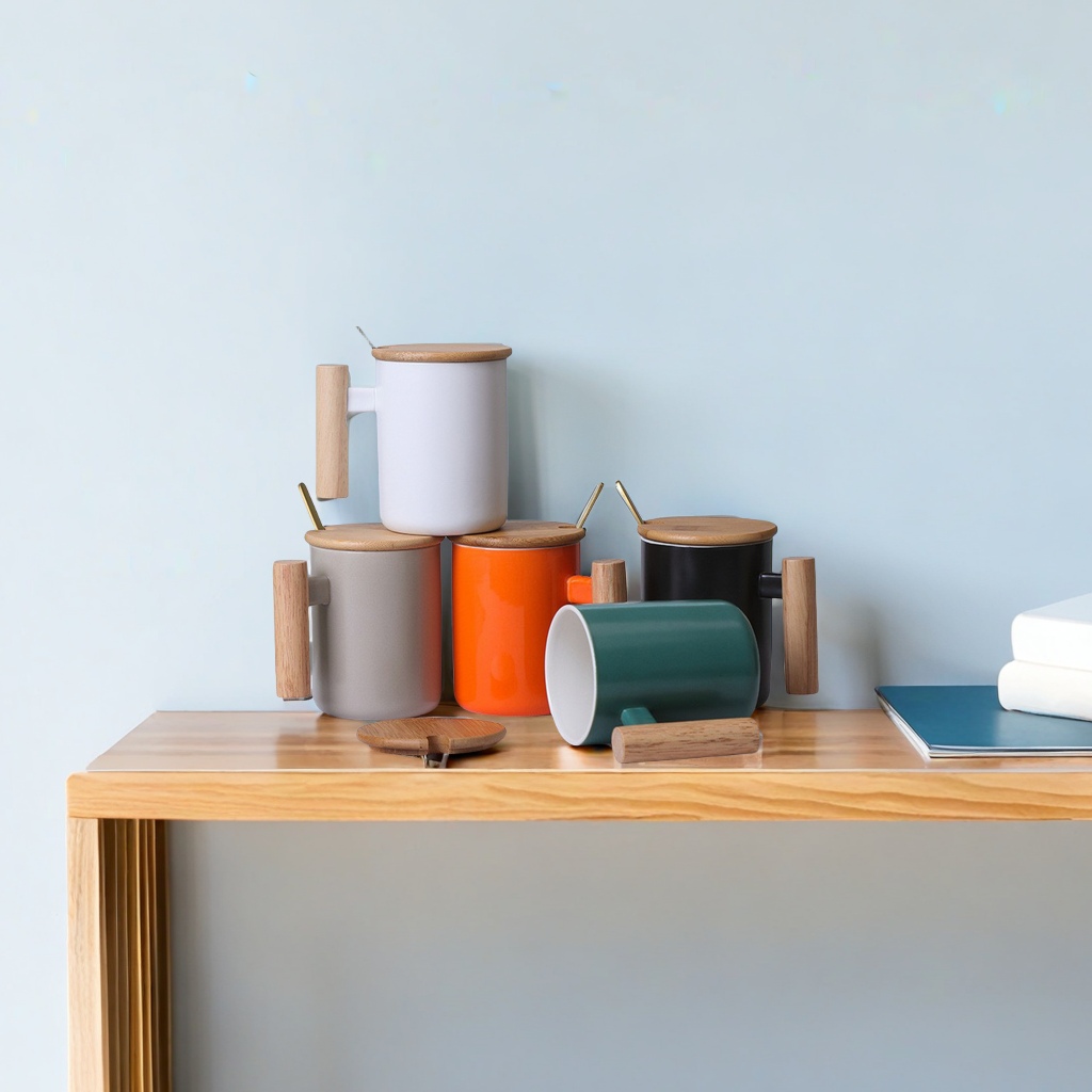 北欧风ins创意木手柄陶瓷咖啡马克杯 办公室节日活动礼品logo定制 简约设计独特风格