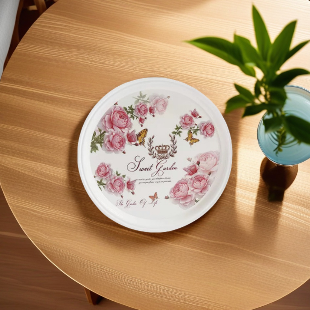 运隆品牌密胺盘美耐皿朵花图案圆形托盘 餐厅专用盘子 饺子杯子置物托盘 跨外便携式餐盘