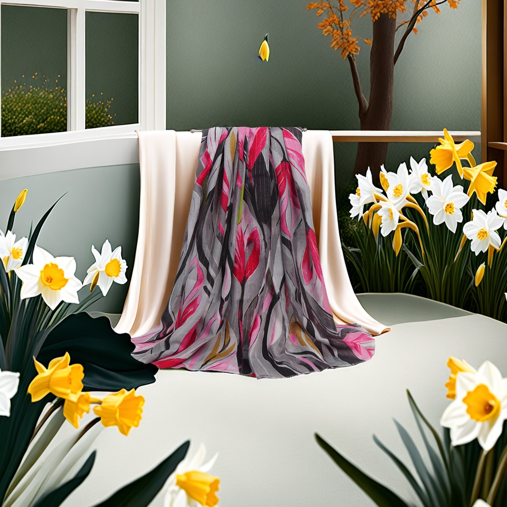 2024年秋冬新款水仙花图案围巾 优雅名媛风亮色印花柔软女士围脖 保暖防寒时尚配饰