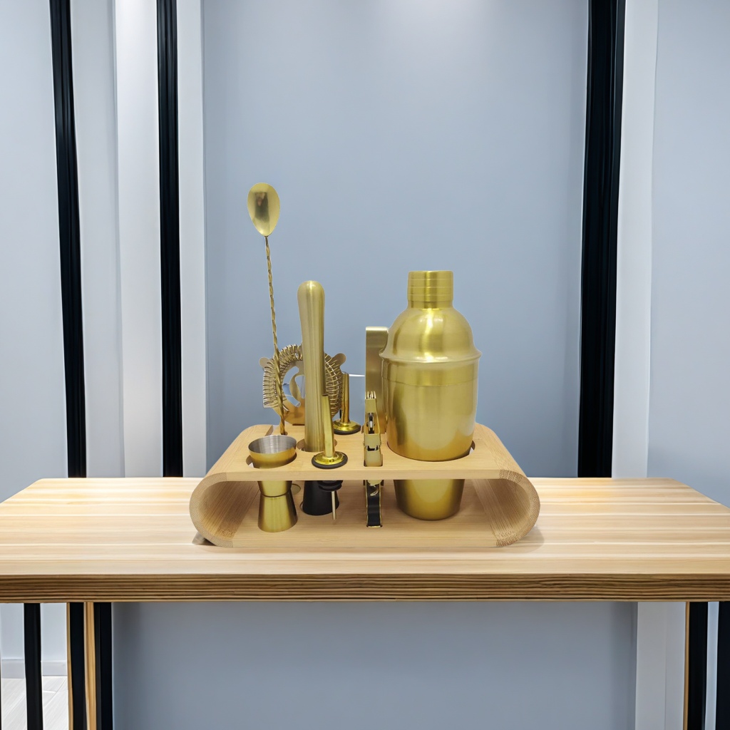 10-Piece Stainless Steel Shaker Set Bar Tools With Bamboo Holder Shaker Cup Cocktail Shaker Set High Quality Durable And Easy To Carry Item Picture