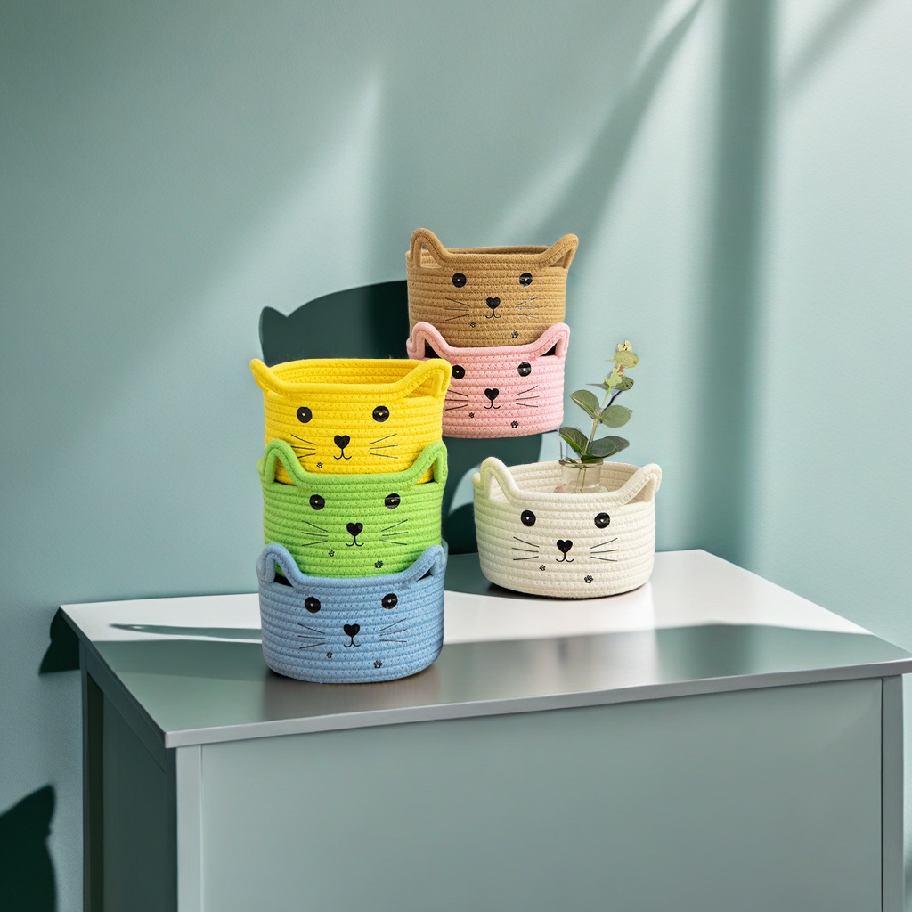 Cross-border cat cartoon cotton thread woven desktop storage basket remote control, miscellaneous and cosmetic storage box, storage basket, environmentally friendly and durable details Picture