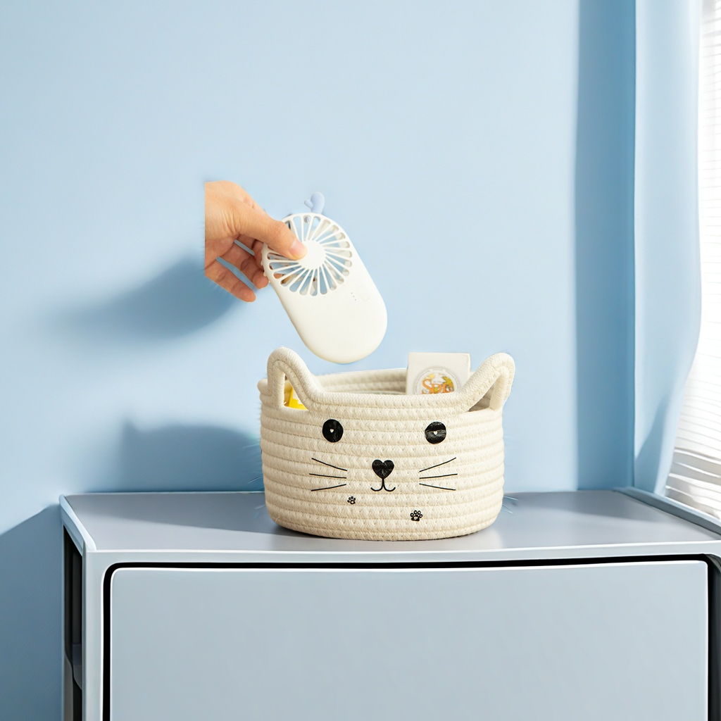 Cross-border cat cartoon cotton thread woven desktop storage basket remote control, miscellaneous and cosmetic storage box, storage basket, environmentally friendly and durable Specification image