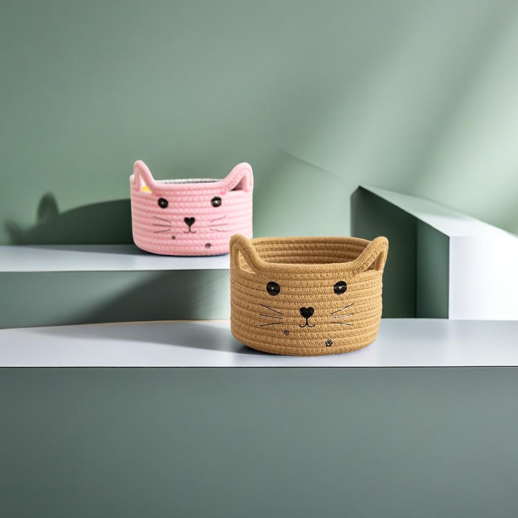 Cross-border cat cartoon cotton thread woven desktop storage basket remote control, miscellaneous and cosmetic storage box, storage basket, environmentally friendly and durable Application Scenario