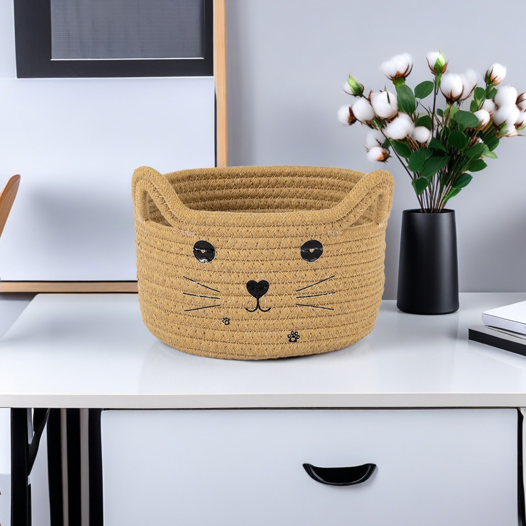 Cross-border cat cartoon cotton thread woven desktop storage basket remote control, miscellaneous and cosmetic storage box, storage basket, environmentally friendly and durable Item Picture
