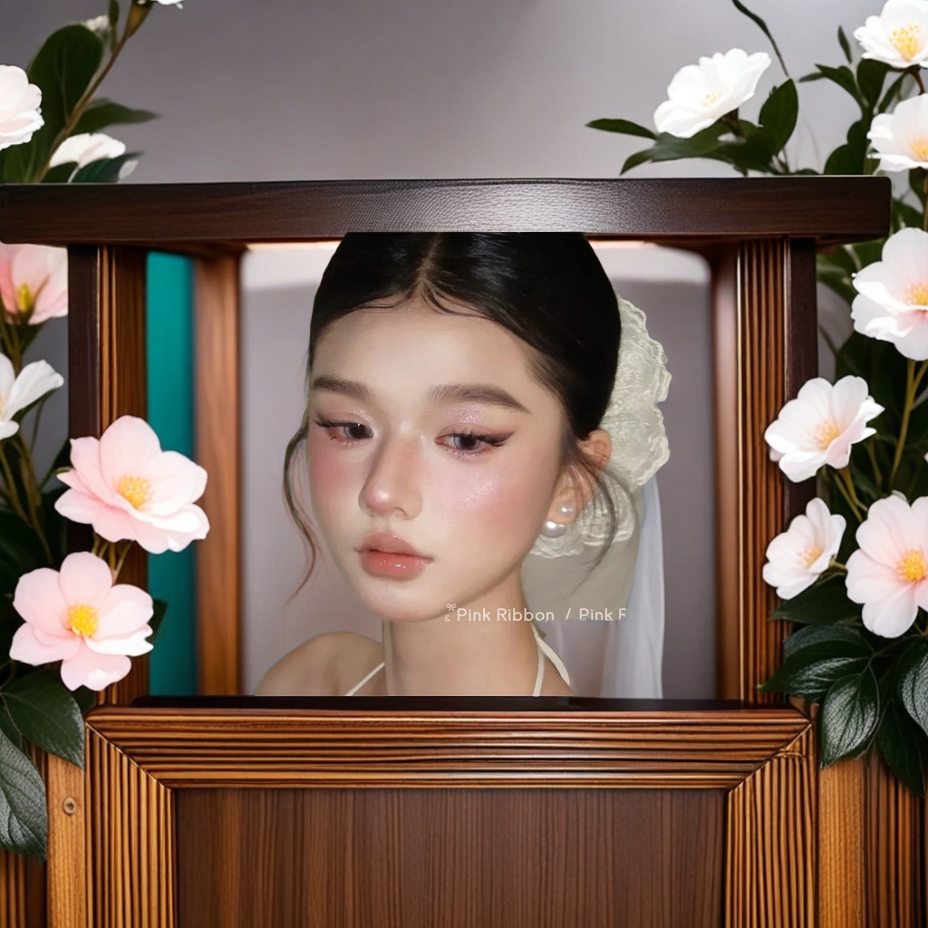 A new Korean early spring style with a large circle, sweet French Korean style, bun hairstyle, white lace hair band, hair flower, brooch accessory, and a sweet Korean style details Picture