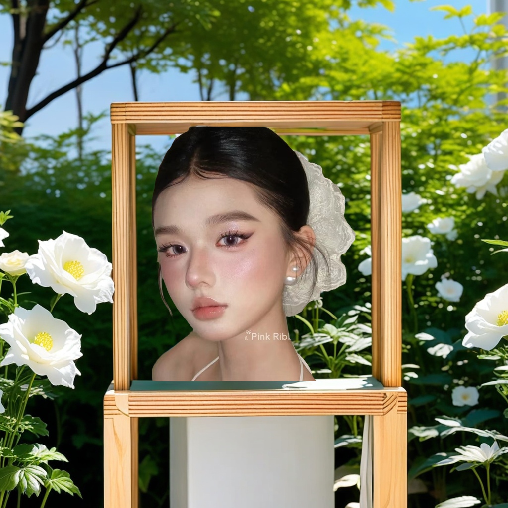 A new Korean early spring style with a large circle, sweet French Korean style, bun hairstyle, white lace hair band, hair flower, brooch accessory, and a sweet Korean style Specification drawing