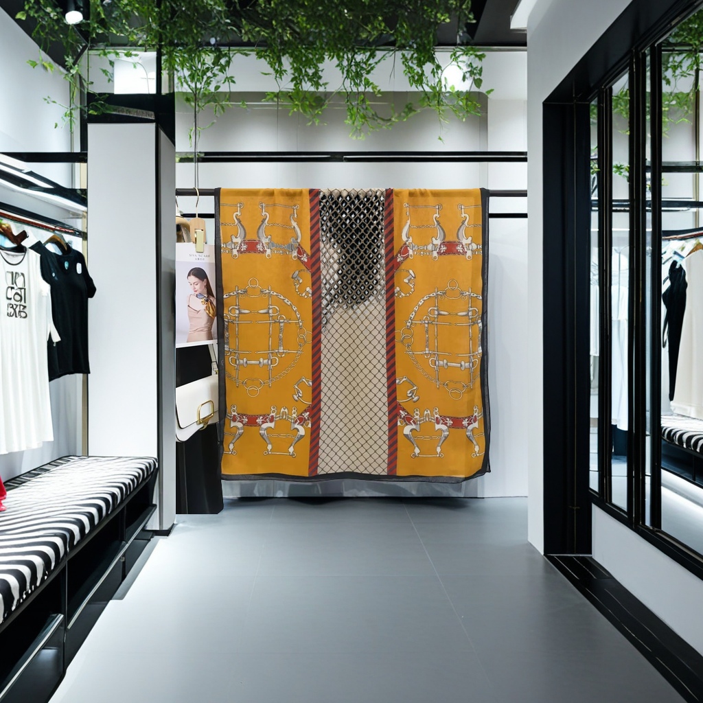 2025新款爱马仕橙色阿拉伯女士长巾 披肩流行时尚搭配服饰 手感柔软印花棉麻材质 穿搭必备