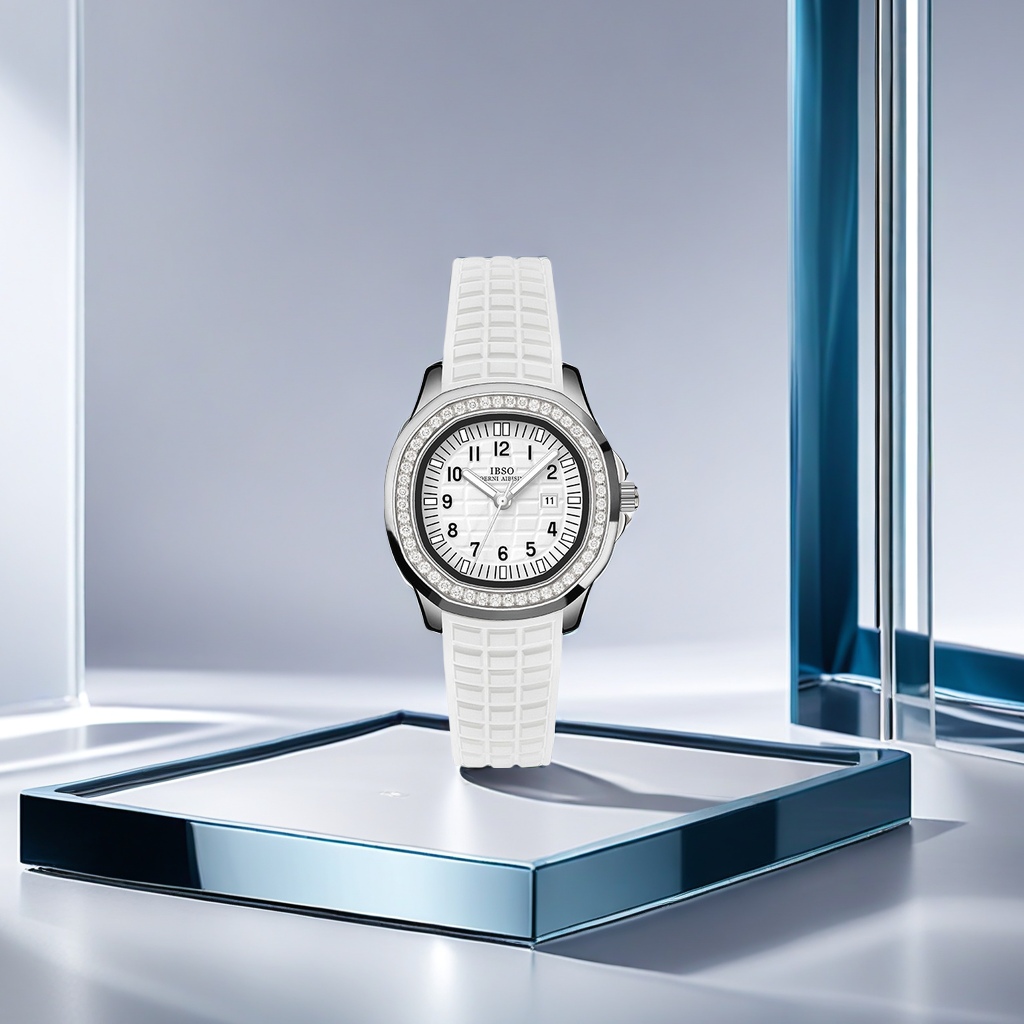 IBSO爱彼思诺女士石英表 方形镶钻数字刻度 夜光功能日历显示 白色硅胶带时尚女表